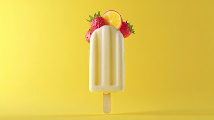 Vanilla popsicle with a fruity twist against a vibrant yellow background. This ice cream mockup embodies the essence of summer and sun, perfect for showcasing sweet ice cream delights.