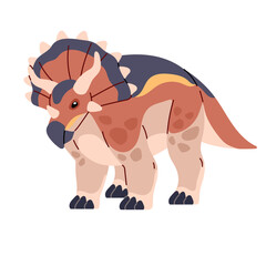 Triceratops. Herbivorous dinosaur with horns on head, big dino with patterned skin. Ancient fauna. Reptile, animal of Jurassic era. Paleontology. Flat isolated vector illustration on white background