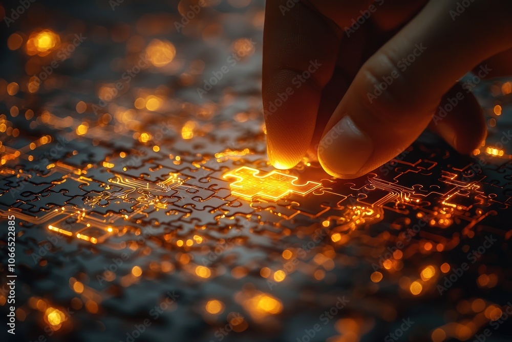 Poster Glowing Puzzle Piece Being Placed Into Circuit Board Puzzle