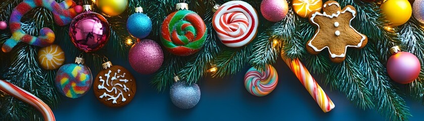 Christmas Tree Branch Decorated with Ornaments, Candy Canes, and Gingerbread Cookies