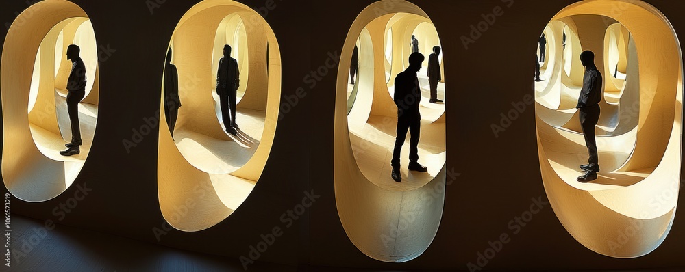 Poster abstract architectural space with silhouetted figures in elliptical cutouts, creating a striking int