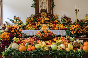 Thanksgiving cornucopia display in church