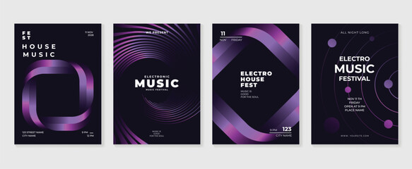 Music poster design background vector set. Electro Sound Cover template with vibrant abstract gradient geometric shape and line wave. Ideal design for social media, flyer, party, music festival, club.