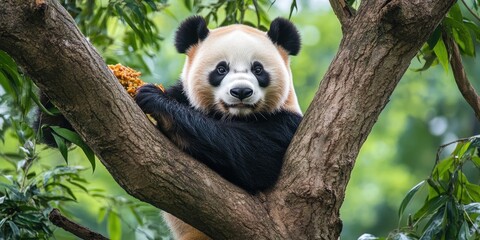 Obraz premium A giant panda happily feasting on food while perched in a tree. The giant panda relishes its meal high up among the branches of the tree.
