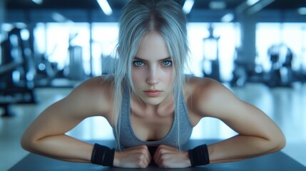 A focused young woman is performing a plank exercise in a modern gym, showcasing strength and determination, This image can be used for fitness blogs, workout guides, or motivational content,