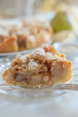 pear crumble cake in a baking form 