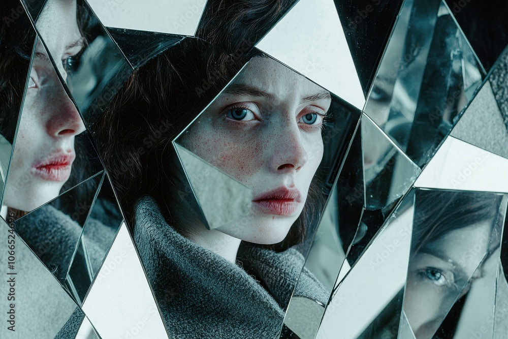 Poster A woman gazes introspectively into fragmented mirrors, capturing her reflection in a striking visual narrative of identity and self-perception.