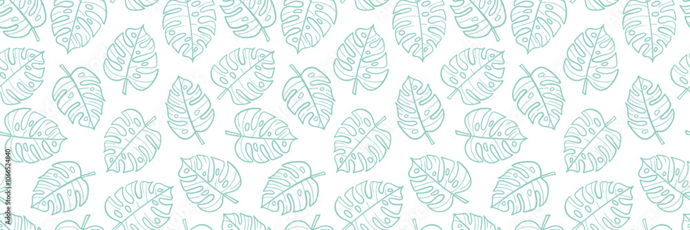 Aufkleber monstera leaves vector banner, seamless repeating pattern wide horizontal background design