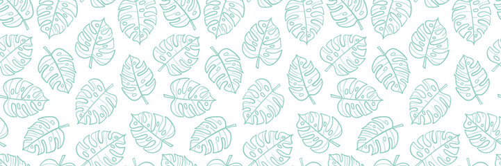 Monstera leaves vector banner, seamless repeating pattern wide horizontal background design