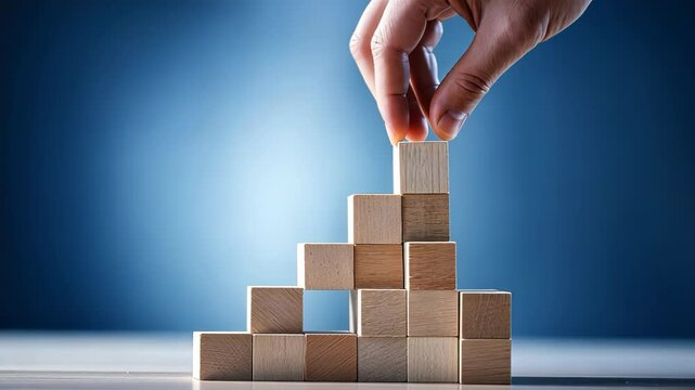 Professional hand arranging wooden building blocks in ascending staircase pattern against deep blue backdrop. Clean composition emphasizes strategic planning and growth concept. 