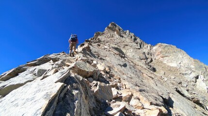 A lone hiker ascends a steep, rocky mountain trail with a clear blue sky above.