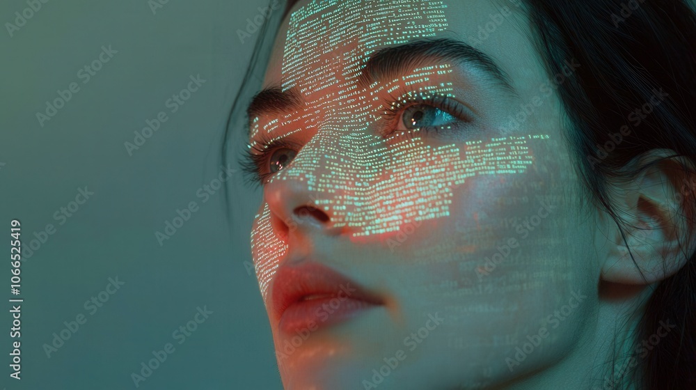 Poster a close-up of a woman’s face illuminated with digital patterns, creating a blend of technology and b
