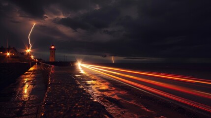On a stormy night the constant flashes of lightning are complemented by the intermittent beams of a lighthouse and passing car light trails.