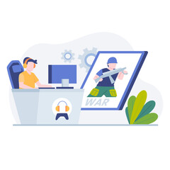 Person playing computer game, character holding weapon, text WAR.