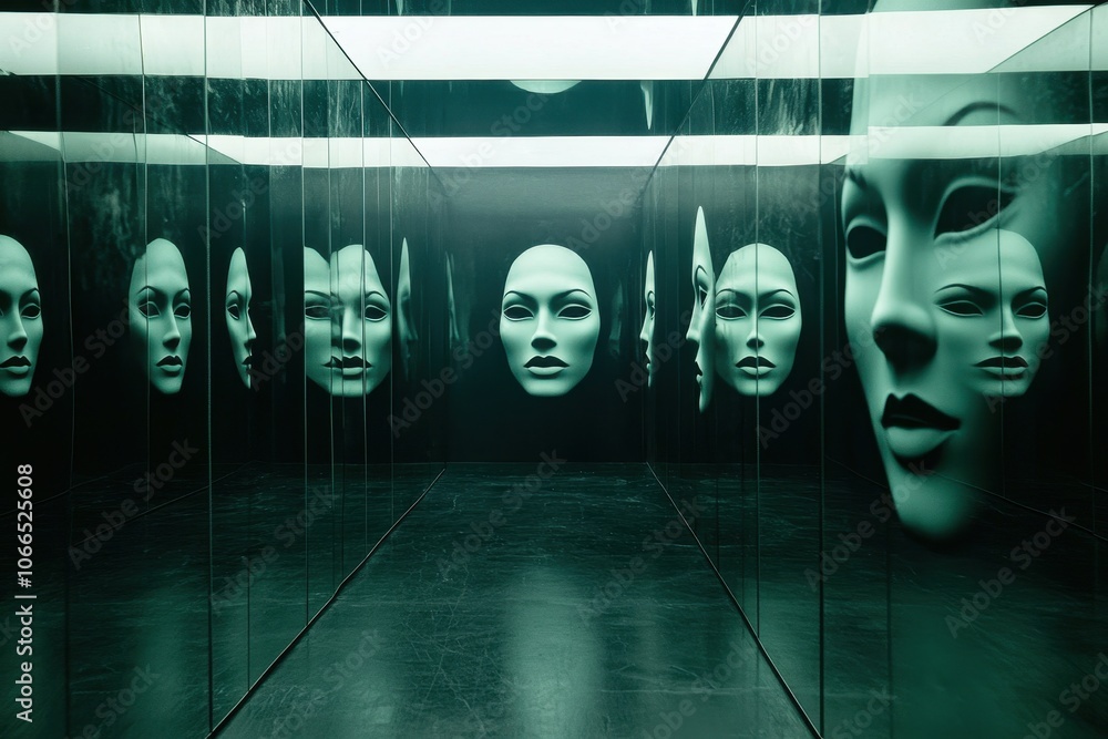 Poster a surreal, mirrored space featuring numerous floating masks that create a haunting and introspective