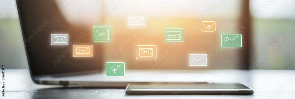 Poster laptop and smartphone are displaying various social media icons, representing the power of digital m
