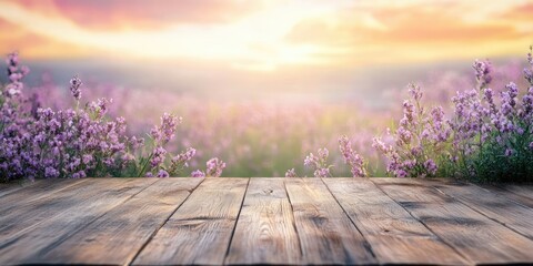 A wooden floor is present in the foreground, while a floral field, blurred in the background, creates a soft and dreamy atmosphere around it.