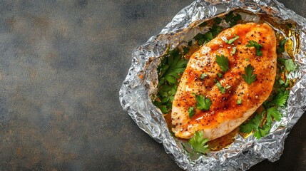 Cooked chicken fillet resting on embossed aluminum foil creates an appealing healthy meal concept for dinner. Top view with copy space accentuates the dishs delicious details.