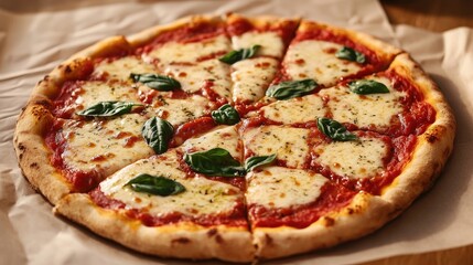 Classic Italian pizza Margherita crafted with mozzarella cheese, fresh tomato sauce, aromatic basil, and a drizzle of extra virgin olive oil rests on baking paper, ideal for display.