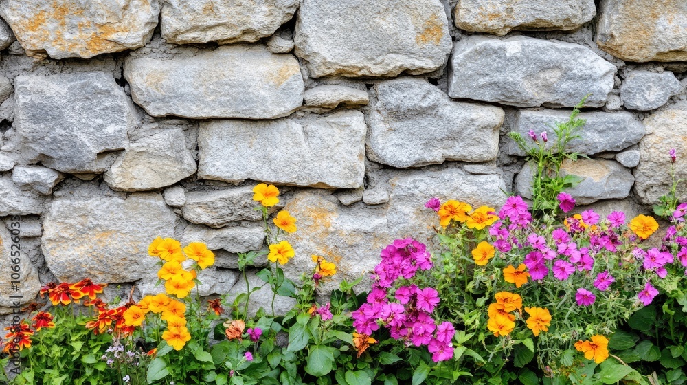 Poster old gray stone wall adorned with vibrant summer flowers, creating a picturesque contrast. this image