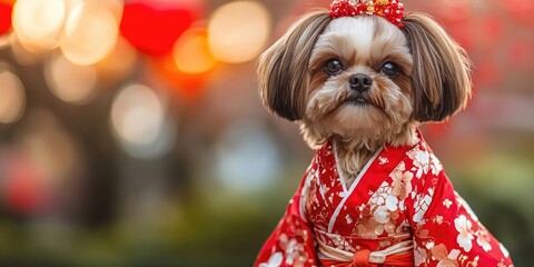 A lovely Shih Tzu dog is dressed in a striking red outfit inspired by traditional Japanese fashion, showcasing its charm and elegance in a vibrant way.