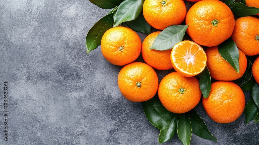 Poster fresh clementines arranged on a gray concrete background create a vibrant display. this top view emp