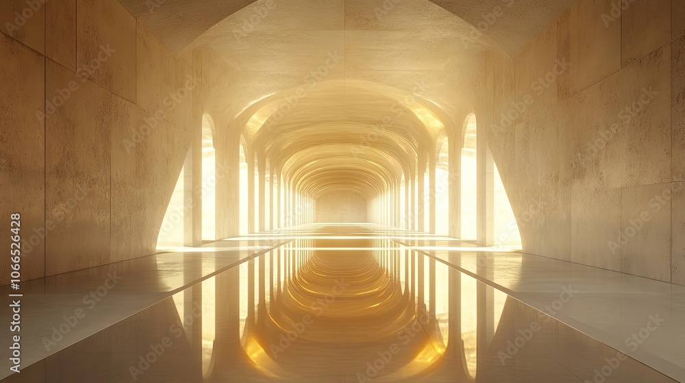 Poster a tranquil and expansive underground hall illuminated by natural light streaming through large openi