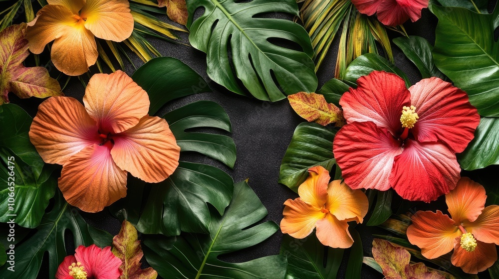 Poster vibrant tropical floral arrangement highlights hibiscus and exotic leaves, creating a stunning displ