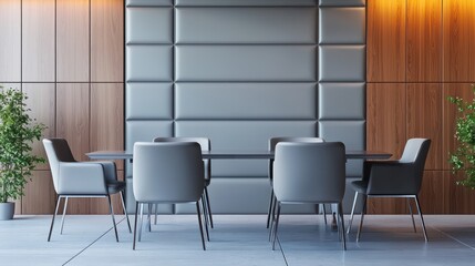 Minimalist titanium dining arrangement against gray leather and cedar wood, captured vividly.