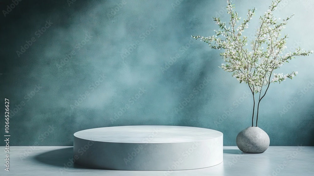 Poster minimalist backdrop with a blank round podium in a studio space creates a perfect setting for presen