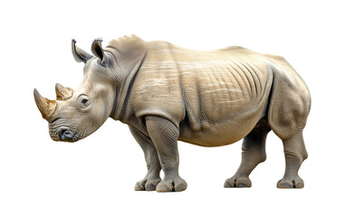 Fototapeta premium Powerful white rhinoceros with thick skin and prominent horn, isolated on transparent background, endangered species, wildlife conservation, large animal, African wildlife, safari icon