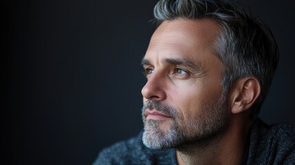 Fototapeta premium A thoughtful male studio portrait of a man looking away, deep in contemplation