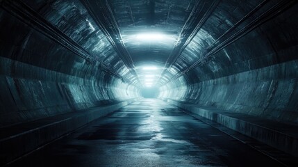 Dark underground station tunnel perspective with light at the end, creating an intriguing...