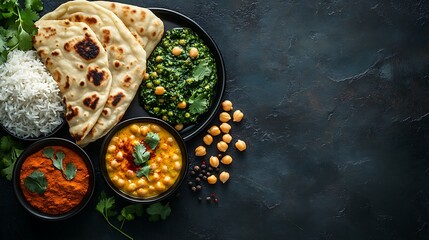 Top view of Indian food on dark background