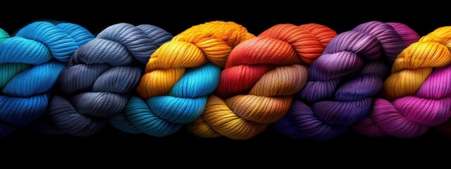 Colorful strands of yarn are beautifully arranged in gradient hues, offering a vibrant display perfect for crafting, textile projects, or artistic presentations