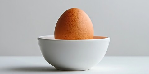An unadulterated egg nestled in a white bowl, set against a pristine white backdrop. This image features a stark white bowl containing a raw egg, highlighted prominently.