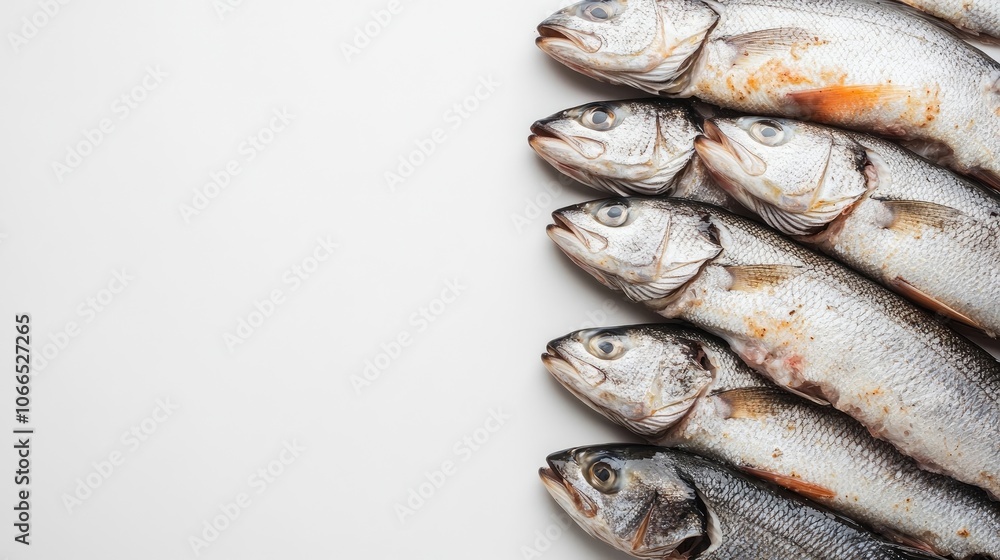 Poster fresh fish fillets arranged in a neat heap against a clean white background, perfect for displaying 