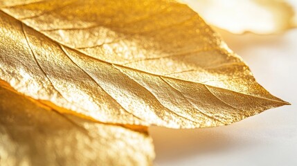Macro image of gold leaf delicately placed on a white canvas, highlighting the intricate details of the gold leafs texture against a clean backdrop, perfect for creative projects.