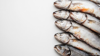 Obraz premium Fresh fish fillets arranged in a neat heap against a clean white background, perfect for displaying the quality and freshness of fish fillets in culinary creations. Photo with ample copy space.