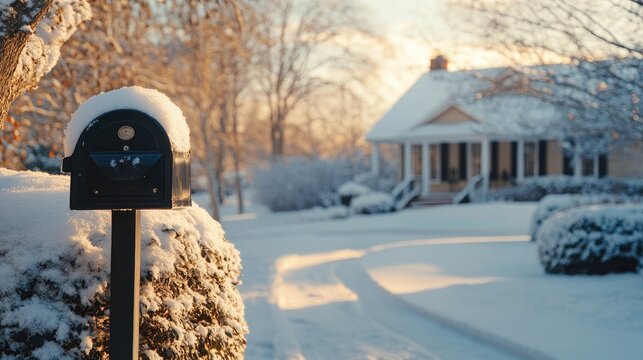 A stylish curb appeal highlighted by a black mailbox stands out against a white house with a brown roof, complemented by a snowy walkway, perfect for a winter scene with ample copy space.