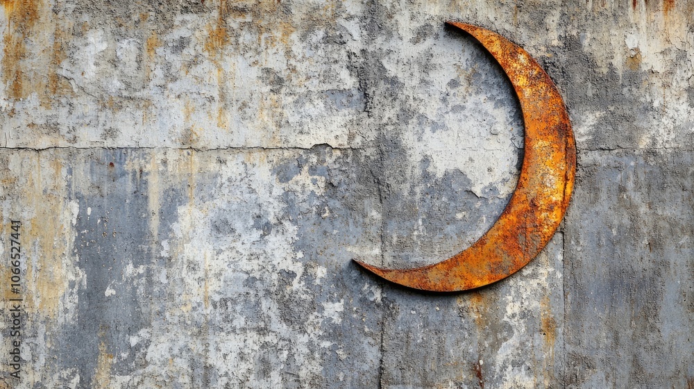 Poster grunge texture of half moon shape on a wall panel combines cement and rusty metal, creating a unique