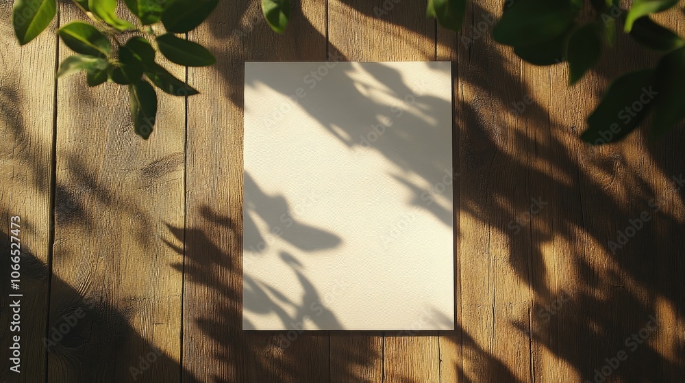 Poster blank vertical poster or card mock-up with leaf shadows cast on a sunlit wooden floor, ideal for dis