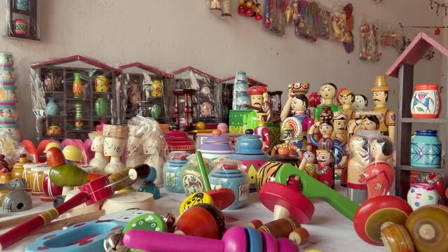 Mysuru, Karnataka, India-October 2 2024; A Collection of Channapatna Toys in vibrant natural colors made for Children's playthings in Mysore city of Karnataka, India.

