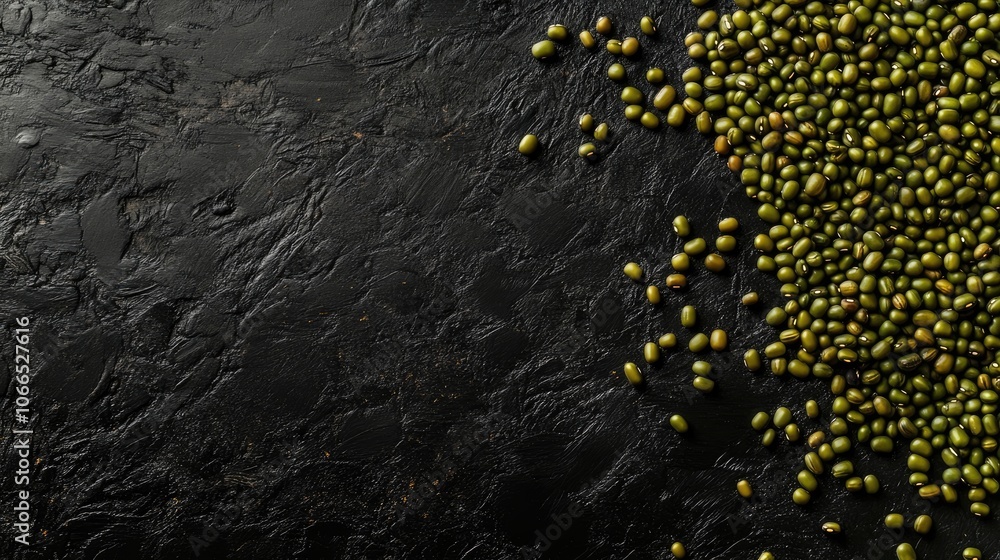 Poster top view of dry green mung beans arranged on a black background, ideal for food photography composit