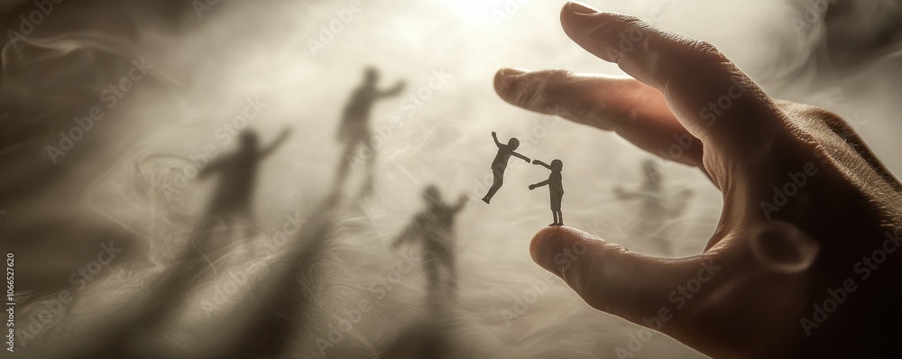 Poster a hand holds a tiny figure as shadowy silhouettes loom in the background, creating a mysterious and 