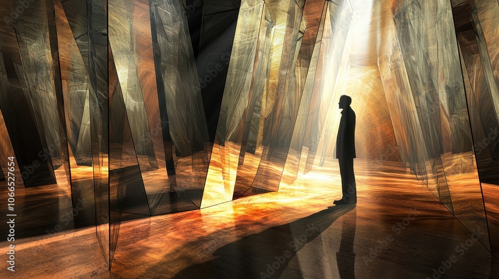 Aufkleber a solitary figure stands amidst abstract, illuminated structures, creating an ethereal atmosphere of