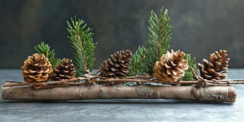 Chic Christmas table decoration featuring fir twigs and pine cones for an elegant festive ambiance. Create a stylish and inviting holiday atmosphere with these decorative elements.