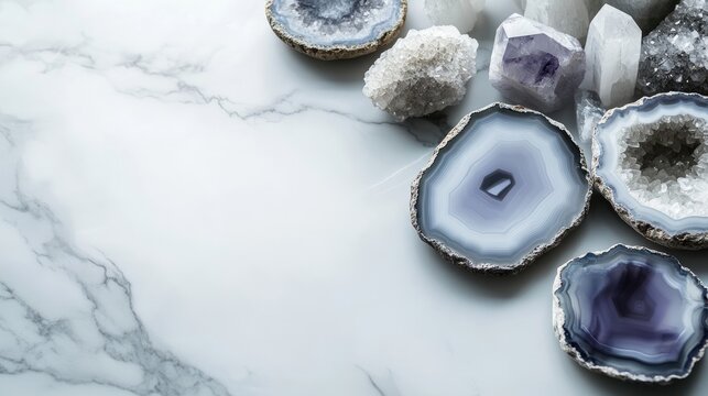 Moody agate tiles create a serene setting for numerological crystal energy on a white marble background. This image embodies a crystal healing space with ample copy space.
