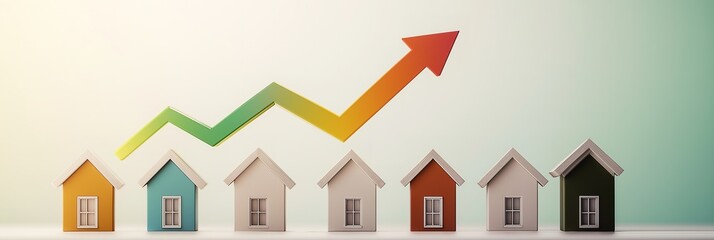 Minimalist 3D Scene Depicting Real Estate Investment Growth with Rising Arrow and House Icons