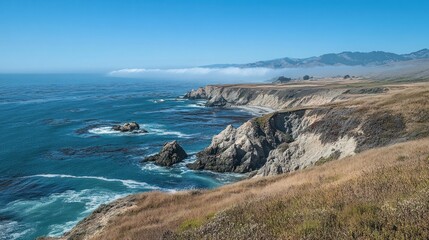 A panoramic view of a rugged coastline with crashing waves and a misty horizon.